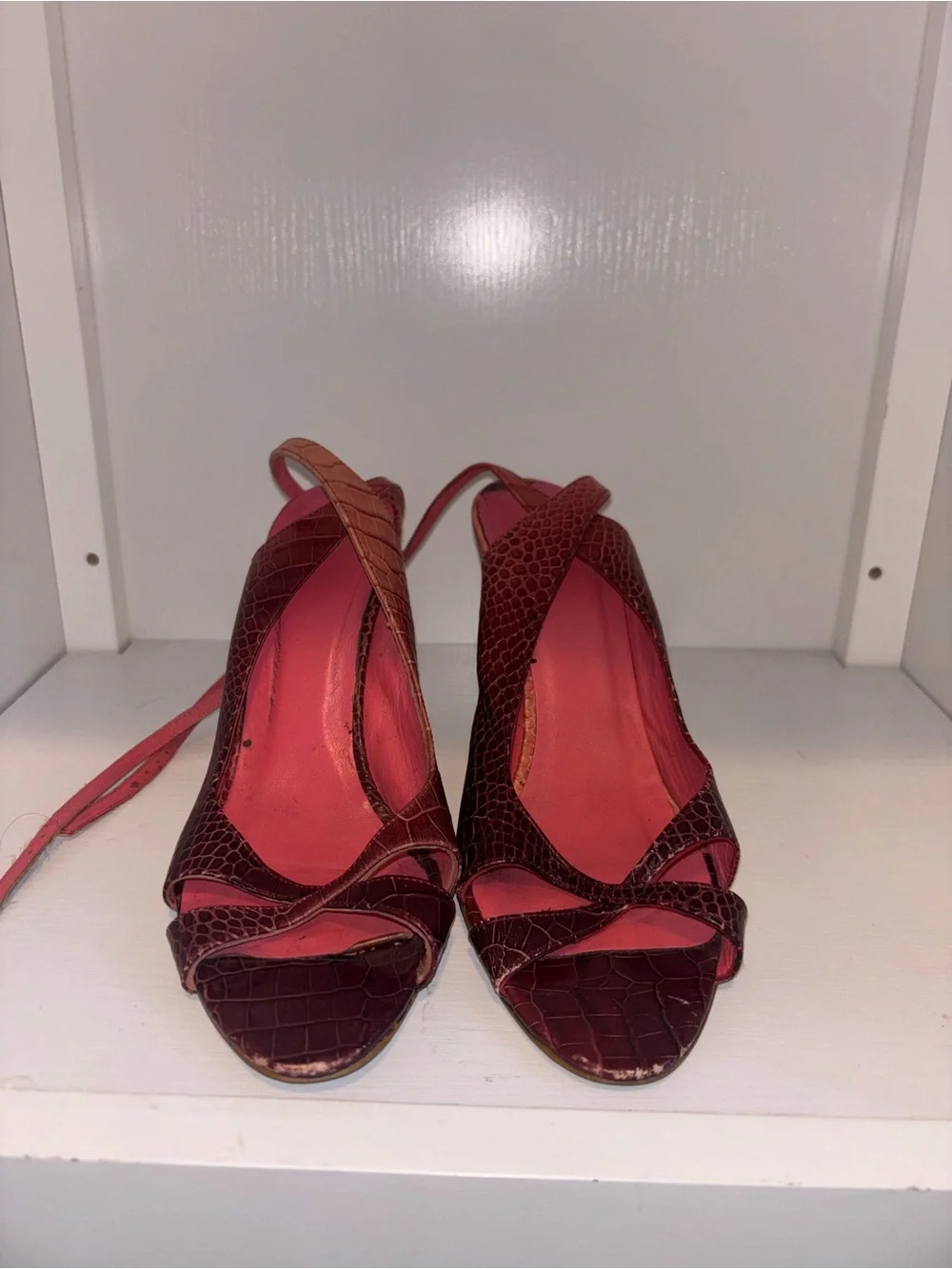 Zara Burgundy Croc-Embossed Strappy Heels
